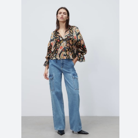 Zara Black, Rust, Ivory & Turquoise Boho Paisley Floral Cropped Gauzy Blouse - Picture 2 of 12